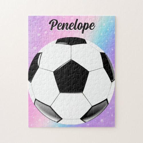 Girl Soccer Ball Pastel Stars Personalized Name Jigsaw Puzzle