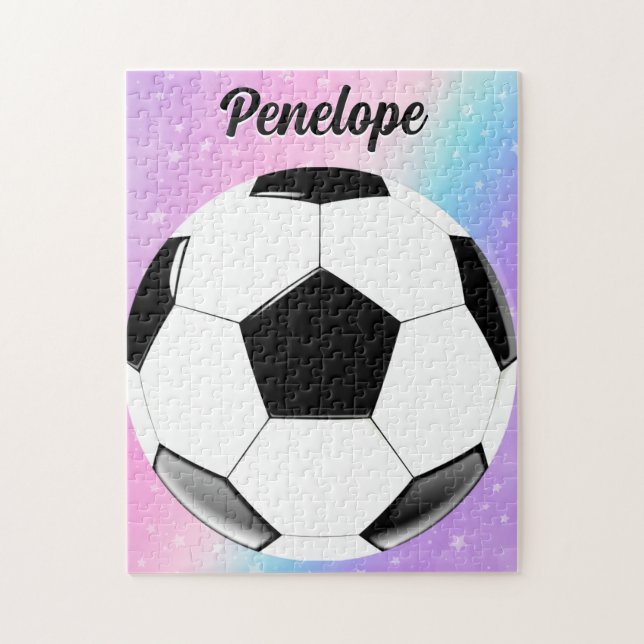 Girl Soccer Ball Pastel Stars Personalized Name Jigsaw Puzzle (Vertical)