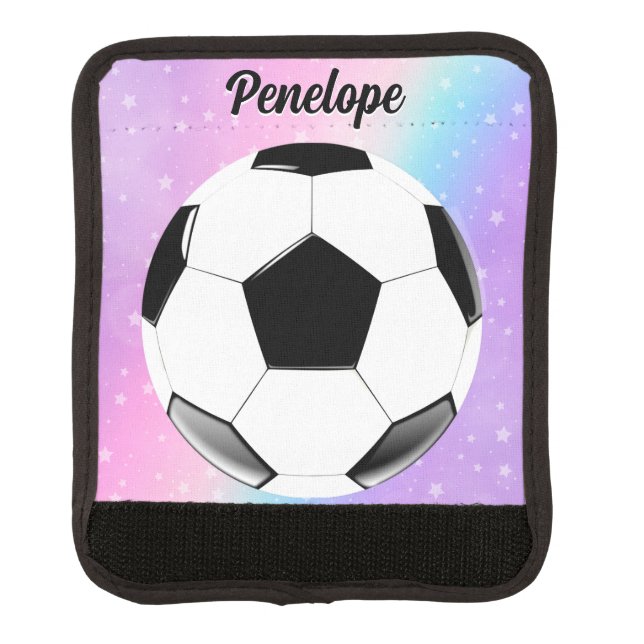 Girl Soccer Ball Pastel Stars Personalized Name Luggage Handle Wrap (Front)