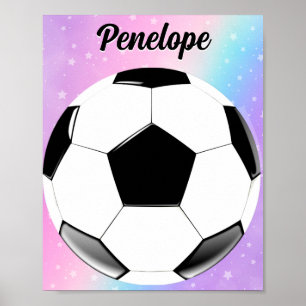Girl Soccer Ball Pastel Stars Personalized Name Poster