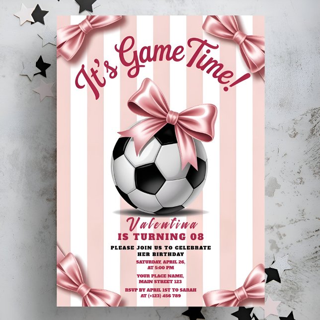 Girl Soccer Game Time Pink Bow Birthday Invitation (Creator Uploaded)