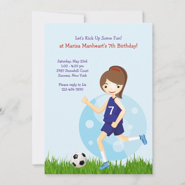 Girl Soccer Player Birthday Party Invitation (Front)