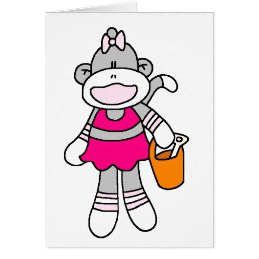 Girl Sock Monkey at Beach Cards (Front)