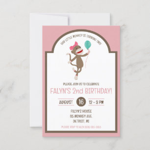 Girl Sock Monkey with Balloon Birthday Party Invitation
