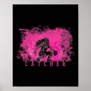 Girl Softll Catcher In Gear With Pink Smoke Ckgrou Poster