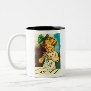 Girl soiled with paint. Colorful vintage drawing Two-Tone Coffee Mug