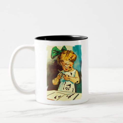 Girl soiled with paint Colorful vintage drawing Two_Tone Coffee Mug