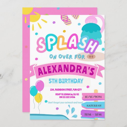 Girl Splash Pad Party Water Park Pink Birthday Invitation