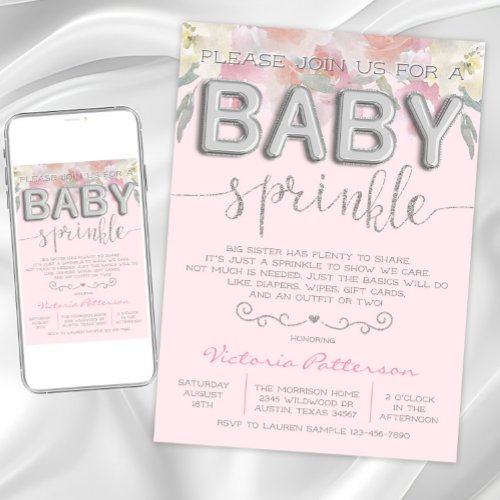 Girl Sprinkle Baby Shower Watercolor Foil Balloons Invitation