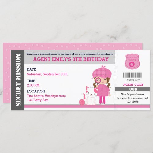 Girl Spy  Detective Ticket Birthday Invitations