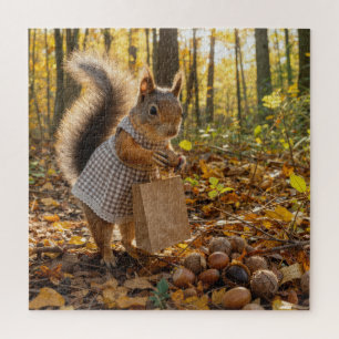 Girl Squirrel Shopping for Nuts in Autumn Woods Jigsaw Puzzle