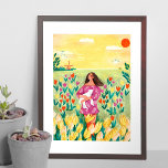 Girl standing in Dutch tulip field Poster<br><div class="desc">Spring girl with pink dress woman with little lamb yellow,  orange and green tulips flowers landscape</div>