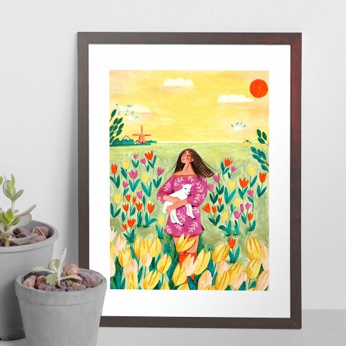 Girl standing in Dutch tulip field Poster