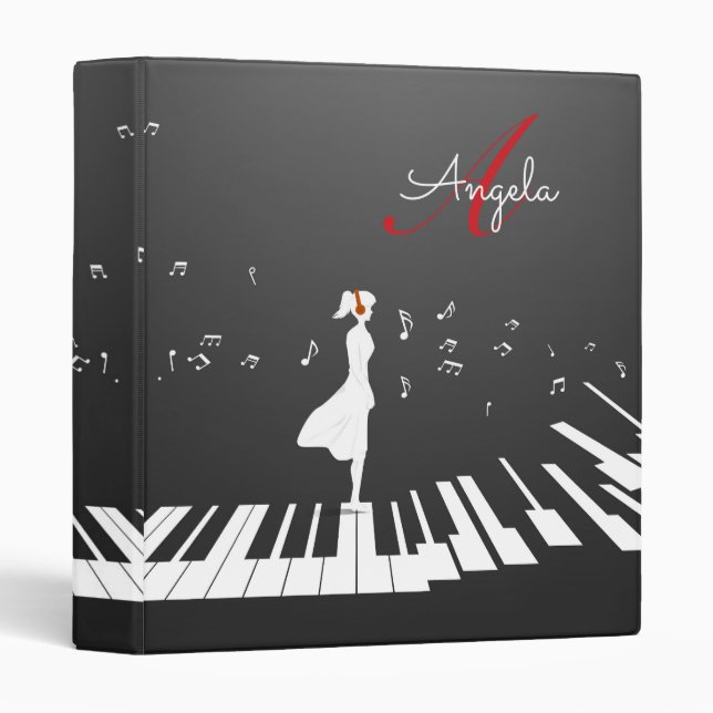 Girl Standing On Piano Red Monogram Music Vibe 3 Ring Binder (Front/Spine)