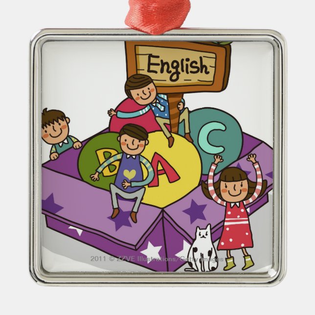 Girl standing with arms raised and boys sitting metal ornament (Front)