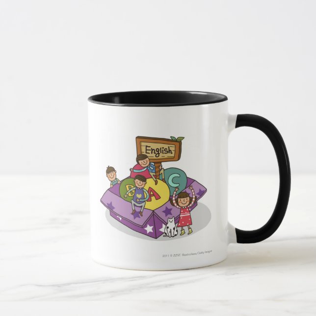 Girl standing with arms raised and boys sitting mug (Right)