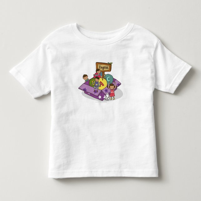 Girl standing with arms raised and boys sitting toddler t-shirt (Front)