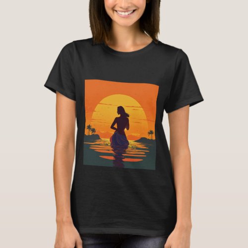 girl stands in water silhouette at sunset vector i T_Shirt