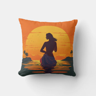 girl stands in water silhouette at sunset vector throw pillow