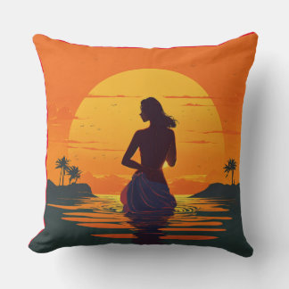 girl stands in water silhouette at sunset vector throw pillow