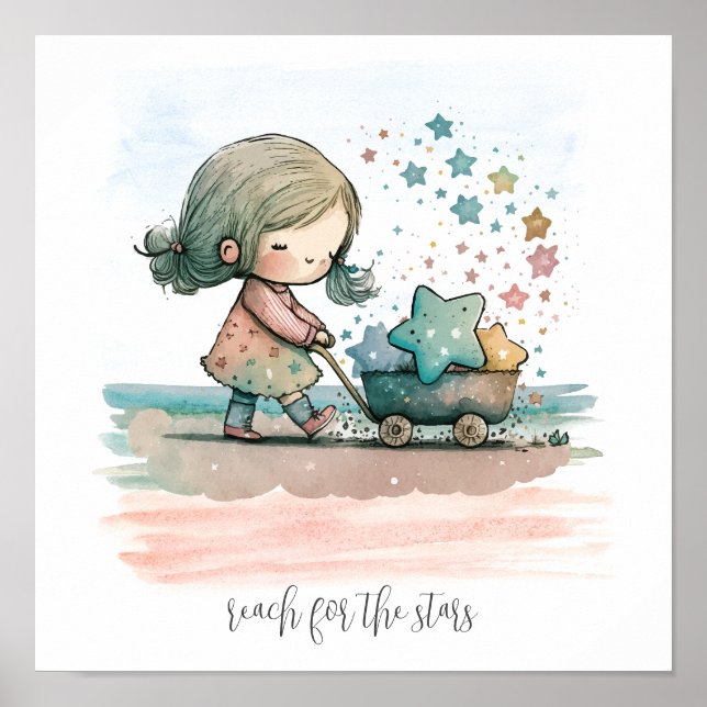 Girl Stars Watercolor Nursery Wall Art (Front)