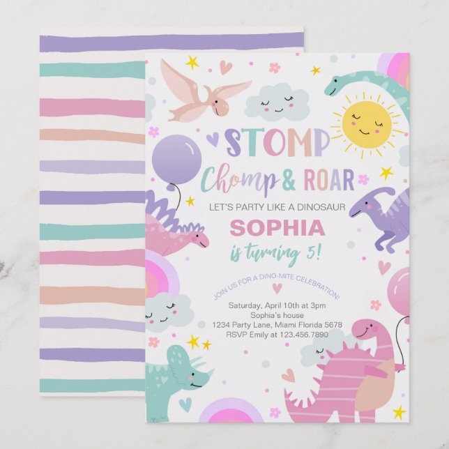 Girl Stomp Chomp & Roar Dinosaur Birthday Invitation (Front/Back)