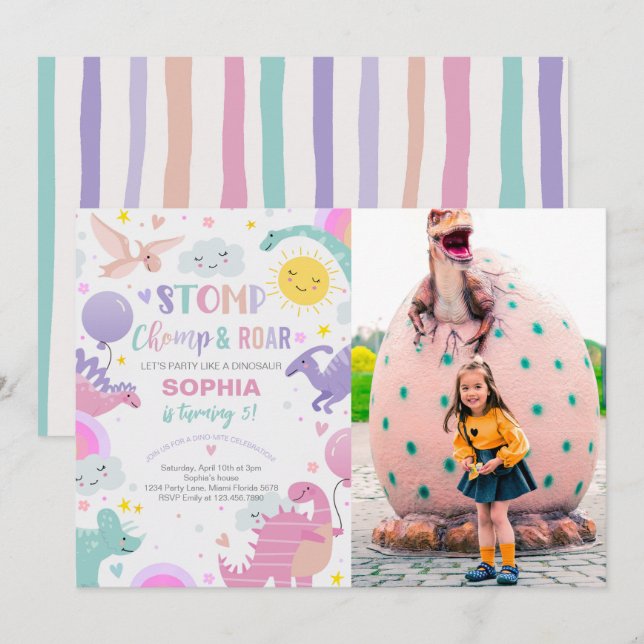 Girl Stomp Chomp & Roar Dinosaur Birthday Photo Invitation (Front/Back)