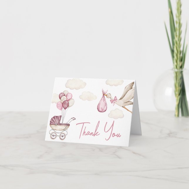 Girl Storck Special Delivery Baby Shower Thank You Card (Front)