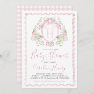 Girl Stork Baby Shower Preppy Gingham Pink Invitation