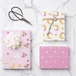 Girl Stork Moons Polka Dots Pink Baby Shower Wrapping Paper Sheets