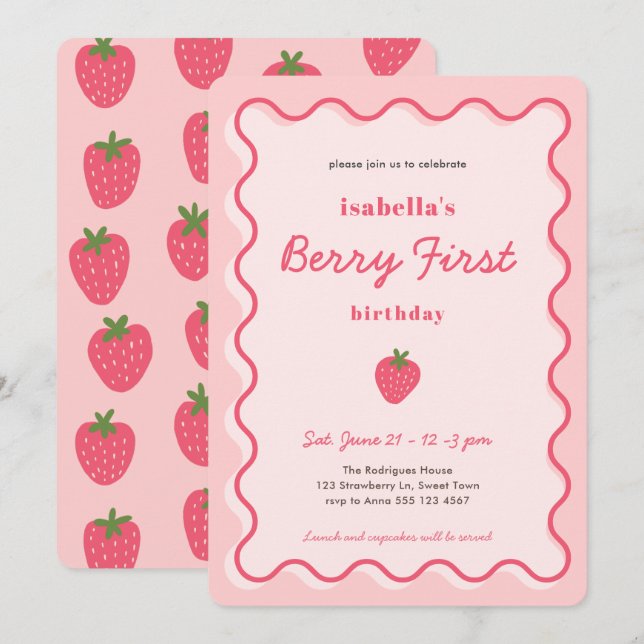 Girl Strawberry Berry First 1st Birthday Invitation (Front/Back)