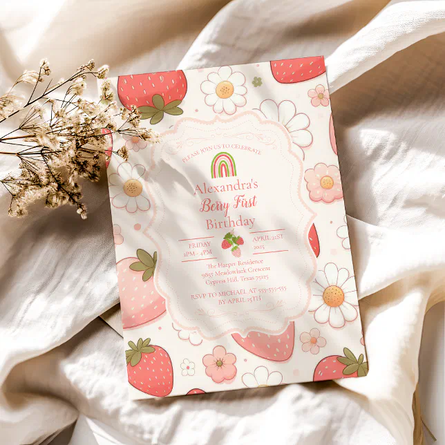 Girl Strawberry Berry First 1st Birthday Party Invitation | Zazzle