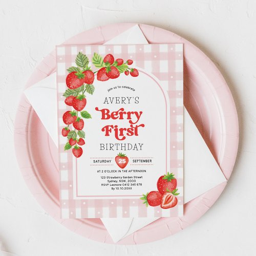 Girl Strawberry Berry First 1st Birthday Party Invitation