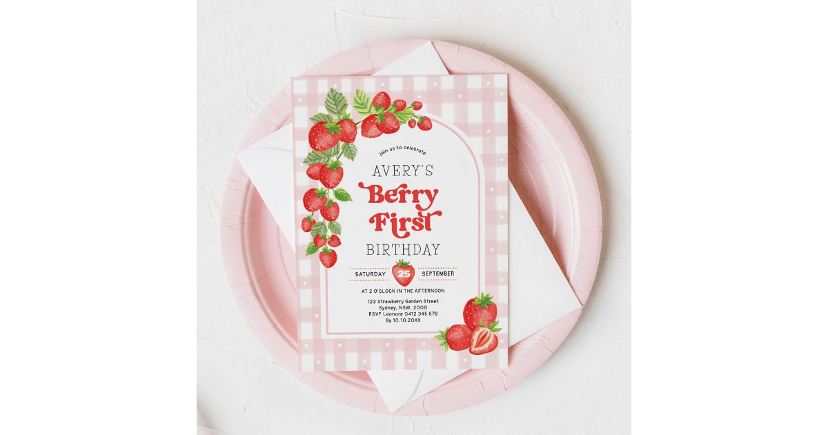 Girl Strawberry Berry First 1st Birthday Party Invitation | Zazzle