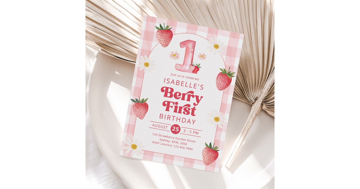 Girl Strawberry Berry First 1st Birthday Party Invitation | Zazzle