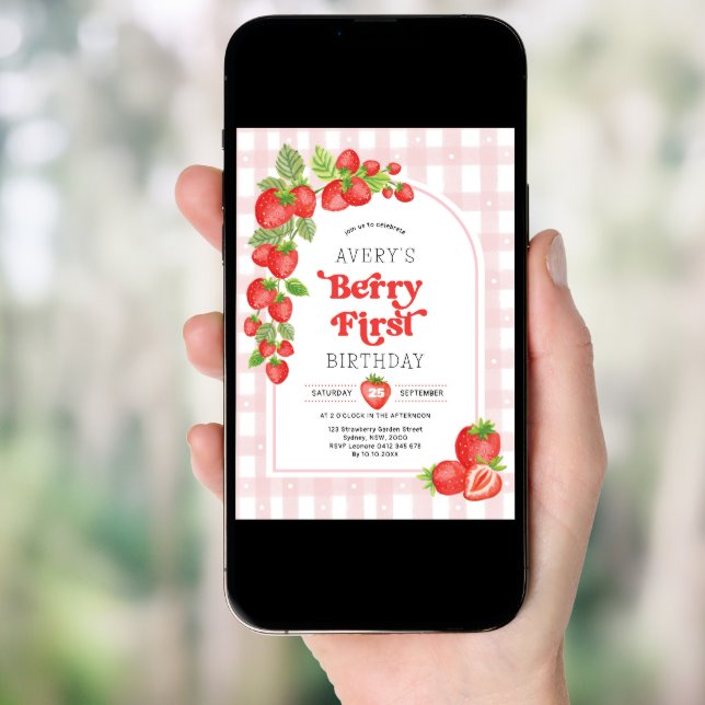Girl Strawberry Berry First 1st Birthday Party Invitation (Front Digital)
