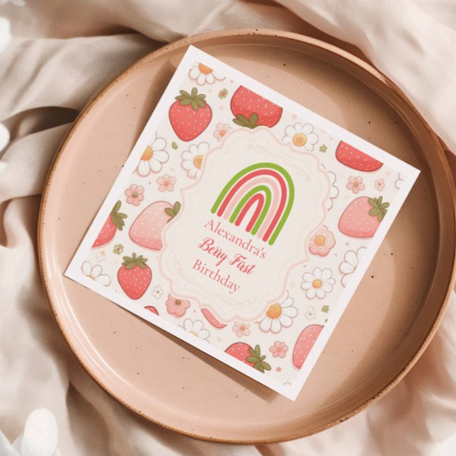 Girl Strawberry Berry First 1st Birthday Party Napkins (Creator Uploaded)