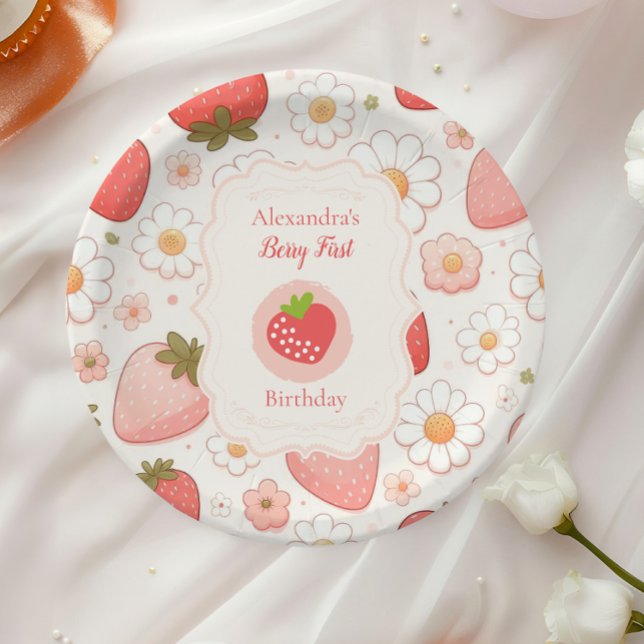 Girl Strawberry Berry First 1st Birthday Party Paper Plates (Creator Uploaded)