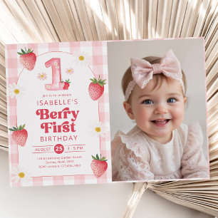 Girl Strawberry Berry First 1st Birthday Photo Invitation