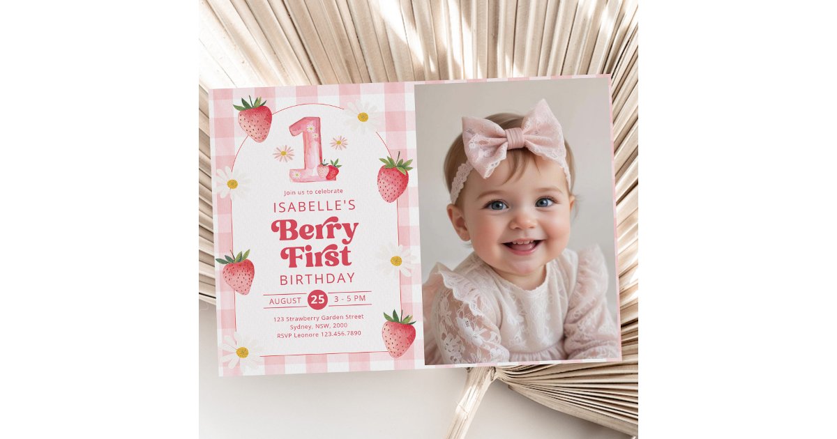 Girl Strawberry Berry First 1st Birthday Photo Invitation | Zazzle