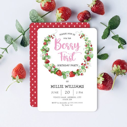 Girl Strawberry Berry First Birthday Party Invitation