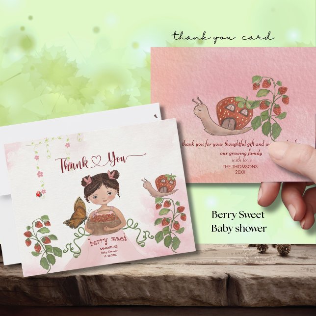 Girl & Strawberry 'Berry Sweet' Baby Shower  Thank You Card (Girl & Strawberry 'Berry Sweet' Baby Shower Thank Thank You Card)