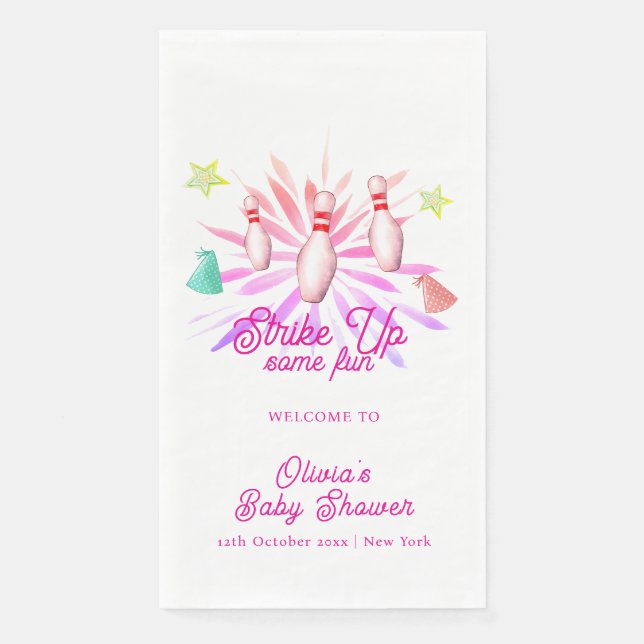 Girl Strike Up Bowling Baby Shower Welcome Paper Guest Towels (Front)