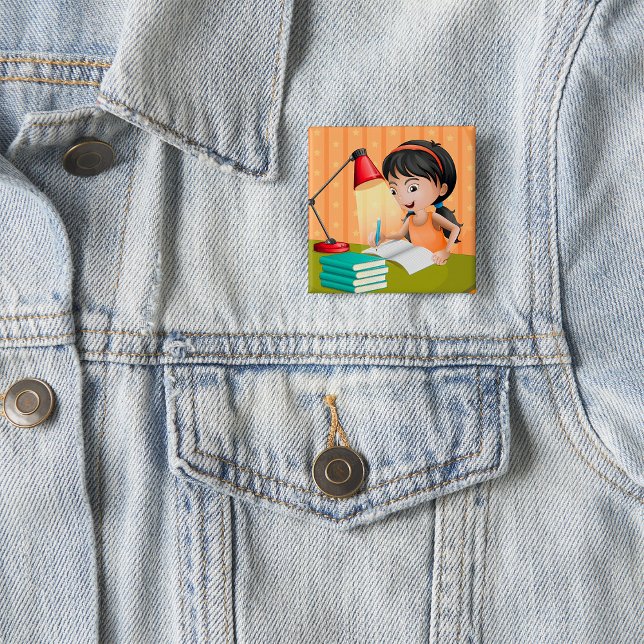 Girl Studying at Desk Doing Homework Button (Creator Uploaded)