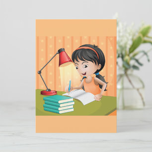 Girl Studying at Desk Doing Homework Invitation