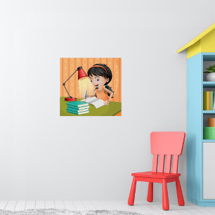 Girl Studying at Desk Doing Homework Poster