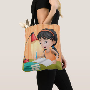 Girl Studying at Desk Doing Homework Tote Bag