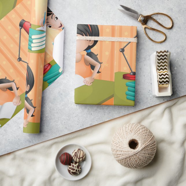 Girl Studying at Desk Doing Homework Wrapping Paper (Crafts)