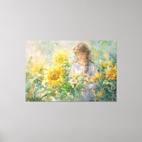   Girl Sun Flowers TV2 Stretched Canvas Print