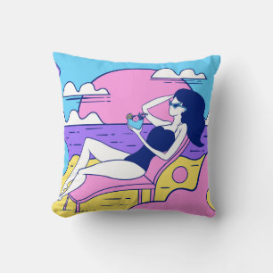 girl sunbathes on the beach with a cocktail in han throw pillow